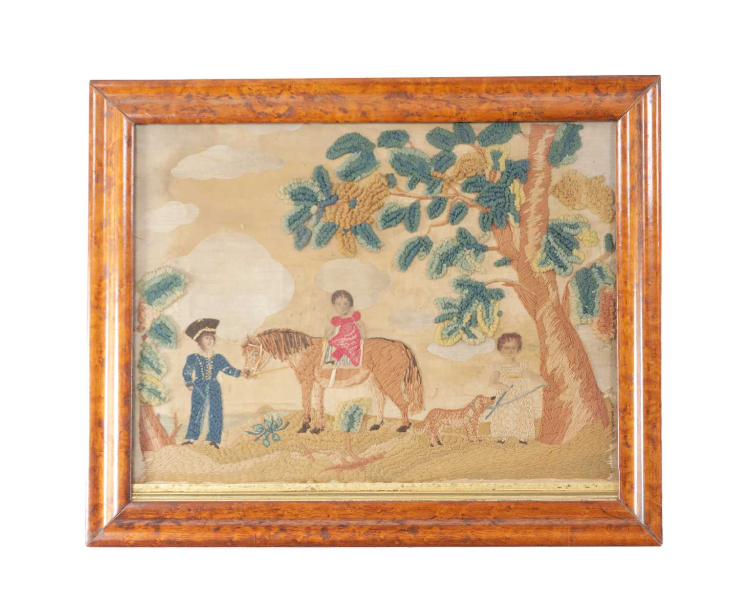Lot 833 - AN EARLY 19TH CENTURY FRAMED WOOL ON SILK NEEDLEWORK EMBROIDERY