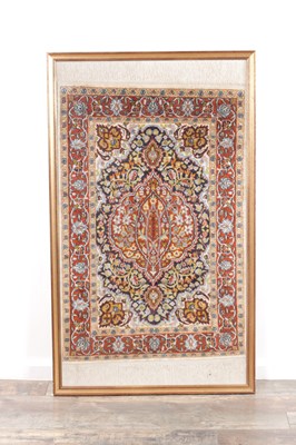 Lot 31 - A FRAMED KASHMIR SILK PRAYER RUG