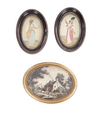 Lot 146 - A PAIR OF 19TH CENTURY SILK NEEDLEWORK EMBROIDERIES AND A HAIR ON SILK EMBROIDERY