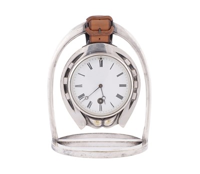 Lot 109 - SILVER PLATED HERMES STYLE DESK CLOCK FORMED AS A HORSE SHOE AND STIRRUP