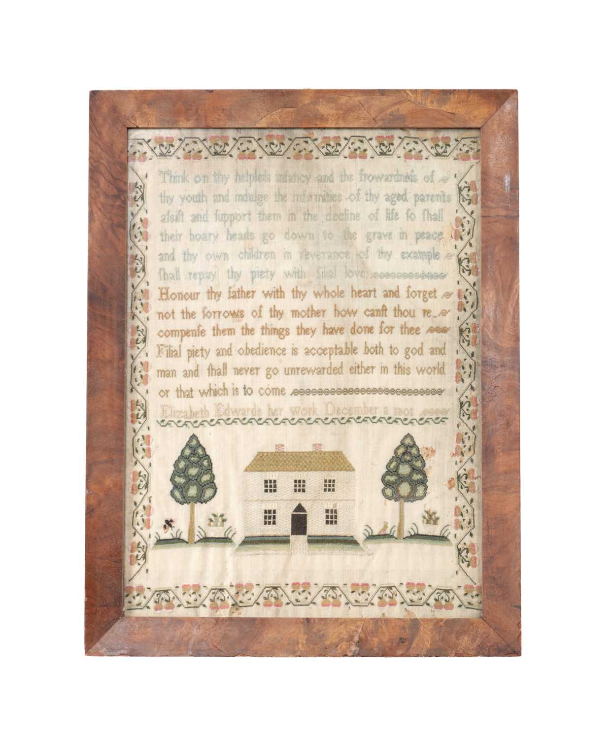 Lot 826 - AN EARLY 19TH CENTURY NEEDLEWORK SAMPLER BY ELIZABETH EDWARDS, DATED 1801