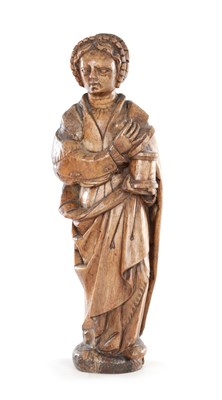 Lot 716 - AN 18TH CENTURY CARVED OAK FIGURE OF A TAVERN GIRL