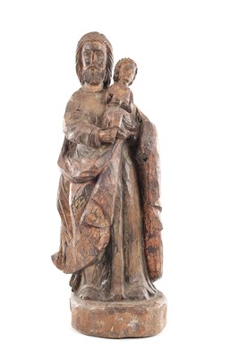 Lot 714 - A 17TH CENTURY CARVED OAK POLYCHROME FIGURE OF ST JOSEPH AND THE CHILD JESUS
