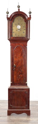Lot 25 - JOHNSON, DAVENPORT. A 19TH CENTURY FIGURED MAHOGANY LONGCASE CLOCK