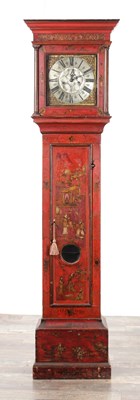 Lot 244 - SAM WOOD, WESTON GREEN. AN 18TH CENTURY SCARLET LACQUERED LONGCASE CLOCK