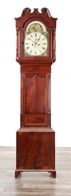 Lot 395 - A 19TH CENTURY FIGURED MAHOGANY LONGCASE CLOCK
