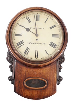 Lot 405 - GEORGE PARKIN, NEWCASTLE-ON-TYNE. A 19TH CENTURY WALNUT FUSEE WALL CLOCK