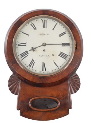 Lot 170 - BARBER, GLOSSOP. A 19TH CENTURY FIGURED MAHOGANY FUSEE WALL CLOCK