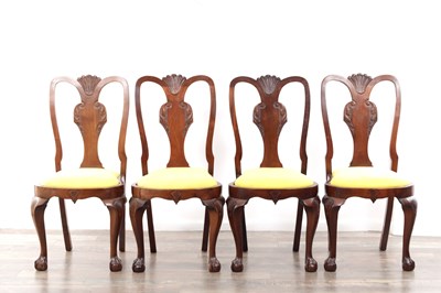 Lot 63 - A SET OF FOUR GEORGE I STYLE 20TH CENTURY WALNUT SIDE CHAIRS