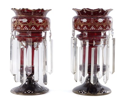 Lot 359 - A PAIR OF 19TH CENTURY RUBY GLASS LUSTERS WITH WHITE OVERLAY