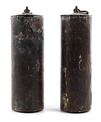 Lot 406 - A PAIR OF 18TH CENTURY BRASS CASED LONGCASE CLOCK WEIGHTS