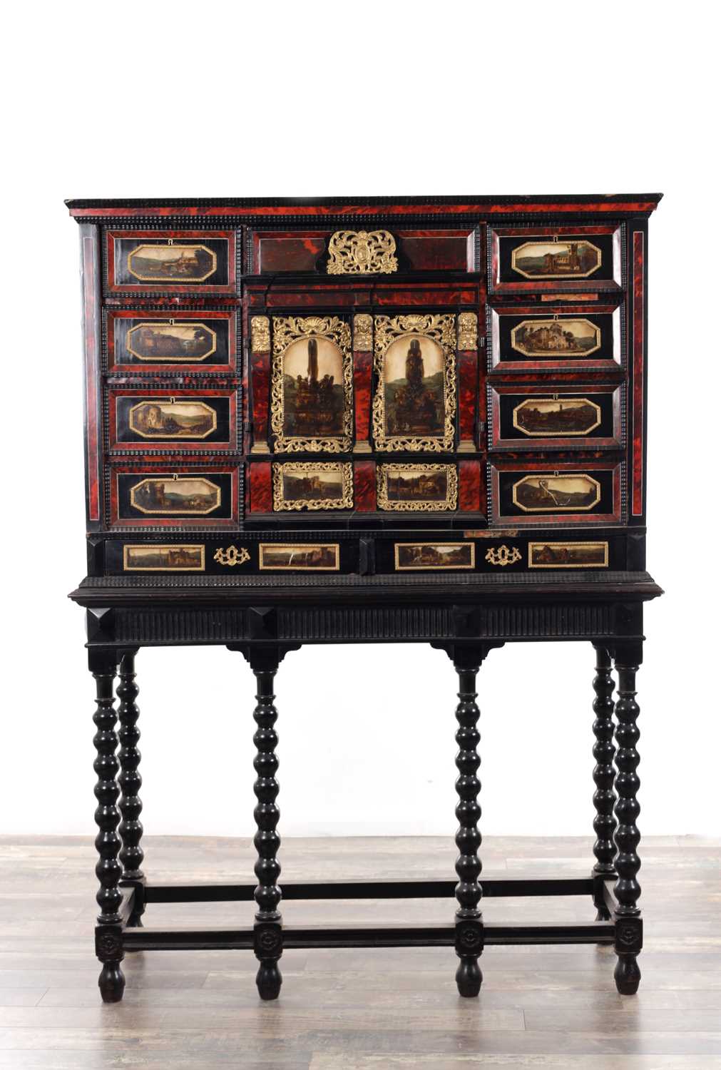 Lot 1126 - A FINE 17TH CENTURY ANTWERP TORTOISESHELL AND EBONY CABINET ON LATER STAND