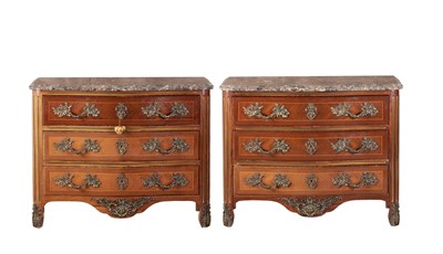 Lot 1188 - A PAIR OF FRENCH LOUIS XVI STYLE SERPENTINE SHAPED COMMODES