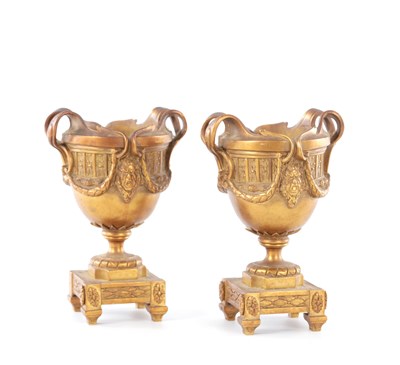 Lot 504 - A PAIR OF 19TH CENTURY GILT BRONZE URNS