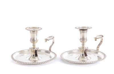 Lot 365 - A PAIR OF 18TH CENTURY SILVER CHAMBER CANDLESTICKS