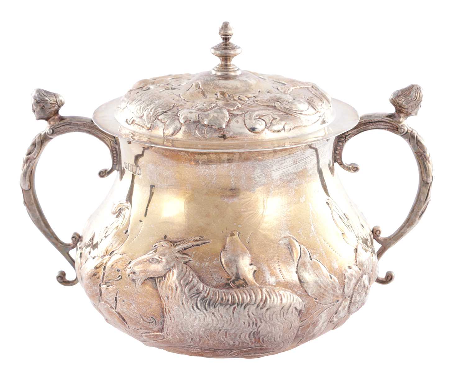 Lot 414 - A CHARLES II STYLE SILVER TWO-HANDLED COVERED PORRINGER