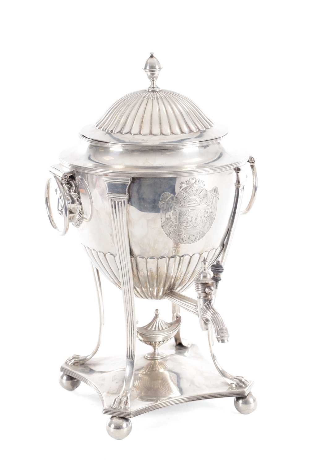 Lot 429 - A GEORGE III SHERATON STYLE SILVER TEA URN