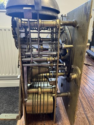 Lot 1119 - WILLIAM SPEAKMAN, LONDON. A GOOD WILLIAM AND MARY EBONY VENEERED BASKET TOP QUARTER STRIKING EIGHT-DAY BRACKET CLOCK