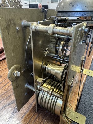 Lot 1119 - WILLIAM SPEAKMAN, LONDON. A GOOD WILLIAM AND MARY EBONY VENEERED BASKET TOP QUARTER STRIKING EIGHT-DAY BRACKET CLOCK