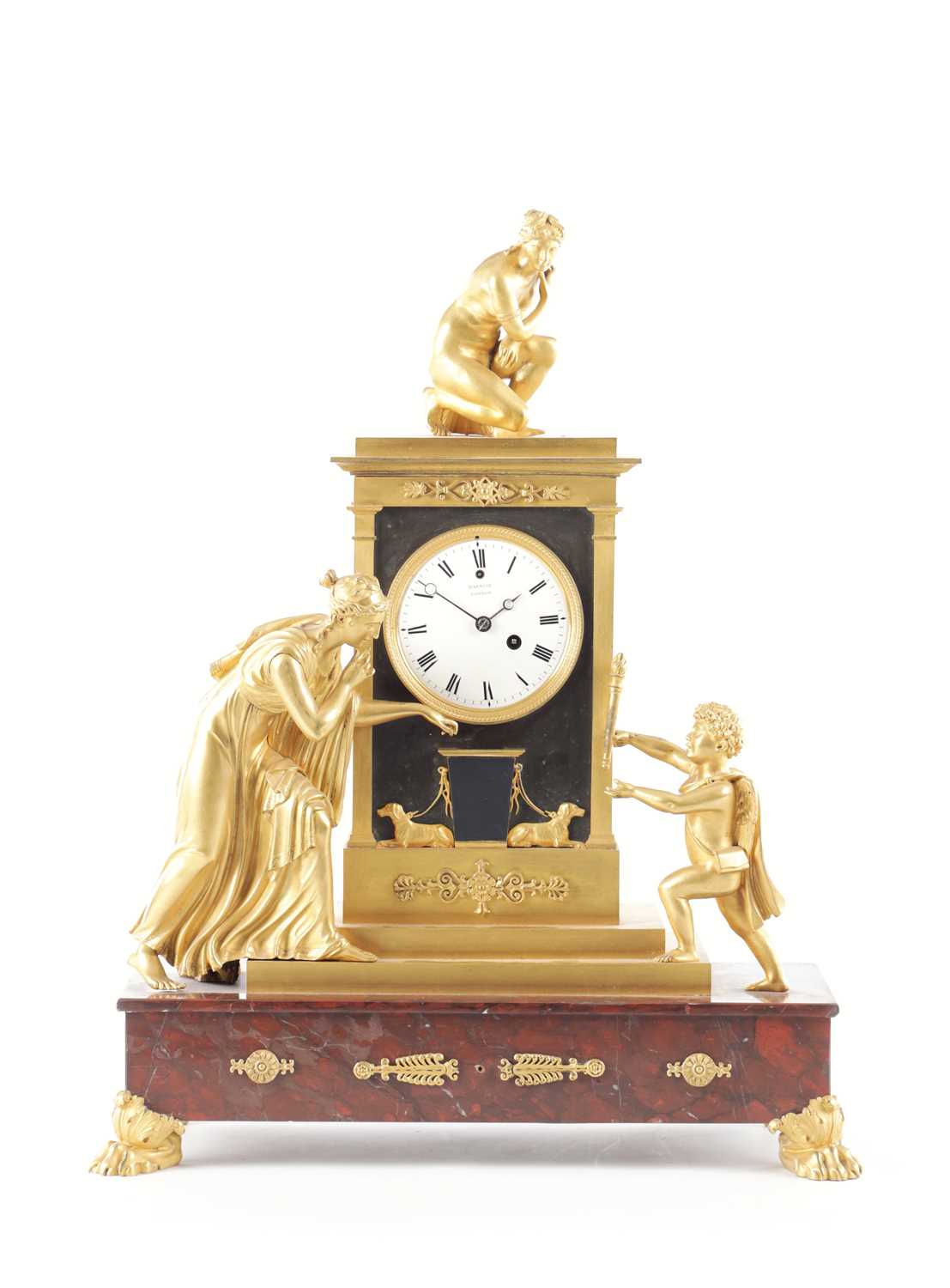 Lot 1025 - BARWISE, LONDON. AN EARLY 19TH CENTURY REGENCY ORMOLU AND ROUGE MARBLE MANTEL CLOCK