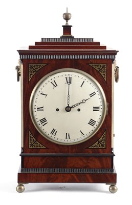 Lot 955 - J. WICKS, LONDON. A LATE REGENCY BRASS INLAID MAHOGANY CHAMFERED TOP DOUBLE FUSEE BRACKET CLOCK
