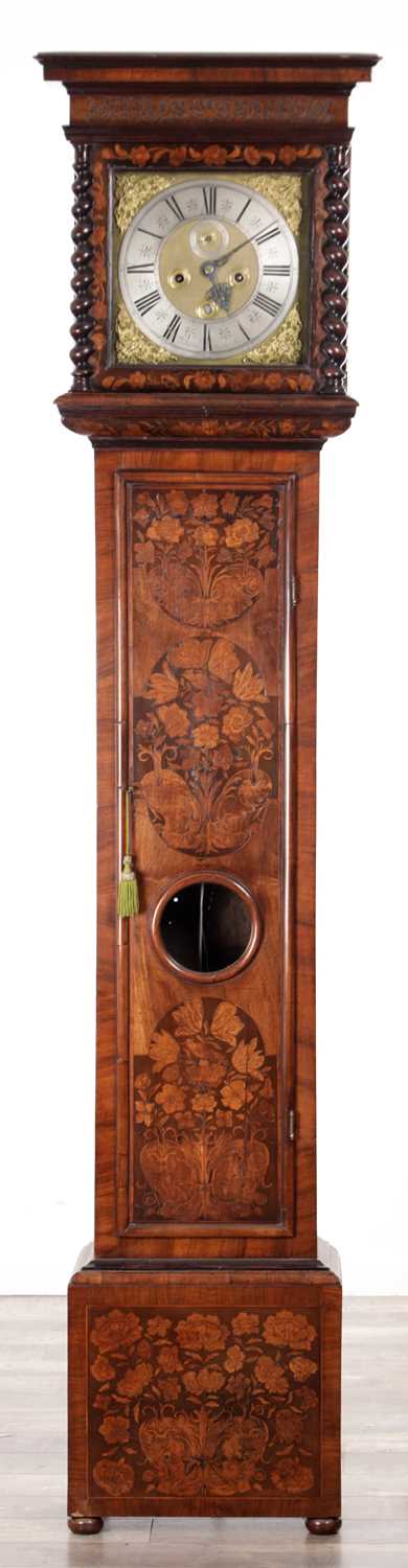 Lot 980 - THOMAS WHEELER, LONDINI FECIT. A LATE 17TH CENTURY 11" EIGHT-DAY WALNUT AND PANELLED MARQUETRY LONGCASE CLOCK