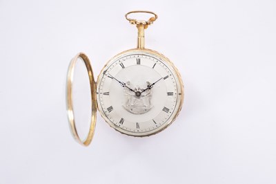 Lot 289 - AN 18CT GOLD OPEN FACED QUARTER REPEATING AUTOMATON POCKET WATCH