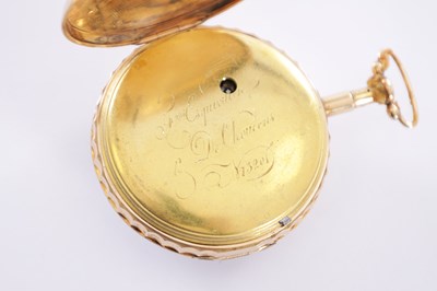 Lot 289 - AN 18CT GOLD OPEN FACED QUARTER REPEATING AUTOMATON POCKET WATCH