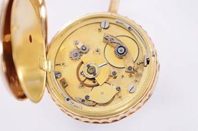 Lot 289 - AN 18CT GOLD OPEN FACED QUARTER REPEATING AUTOMATON POCKET WATCH