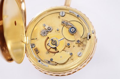 Lot 289 - AN 18CT GOLD OPEN FACED QUARTER REPEATING AUTOMATON POCKET WATCH