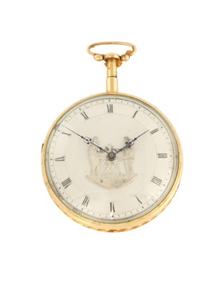 Lot 289 - AN 18CT GOLD OPEN FACED QUARTER REPEATING AUTOMATON POCKET WATCH