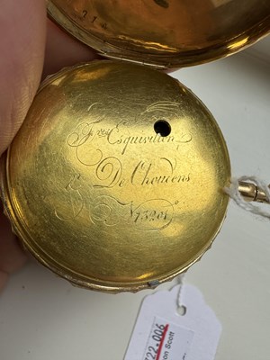 Lot 289 - AN 18CT GOLD OPEN FACED QUARTER REPEATING AUTOMATON POCKET WATCH