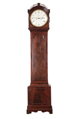 Lot 1102 - A GOOD REGENCY FLAMED MAHOGANY CONVEX ROUND DIAL LONGCASE CLOCK