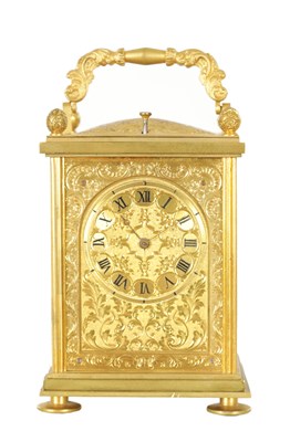 Lot 1061 - A 19TH CENTURY ENGRAVED GILT CASED REPEATING CARRIAGE CLOCK