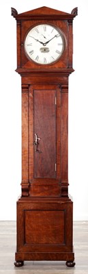 Lot 1110 - GEORGE CRABB. A REGENCY MAHOGANY ROUND DIAL EIGHT-DAY LONGCASE CLOCK