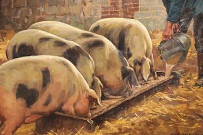 Lot 893 - WILLIAM GUNNING KING (1859-1940) BRITISH. AN EARLY 20TH CENTURY OIL ON CANVAS DEPICTING A FARM SCENE