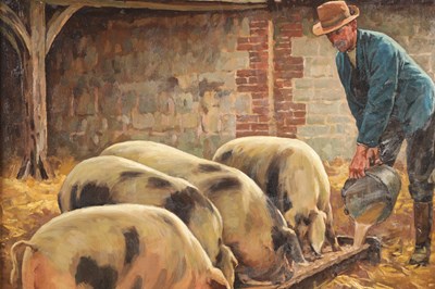 Lot 893 - WILLIAM GUNNING KING (1859-1940) BRITISH. AN EARLY 20TH CENTURY OIL ON CANVAS DEPICTING A FARM SCENE