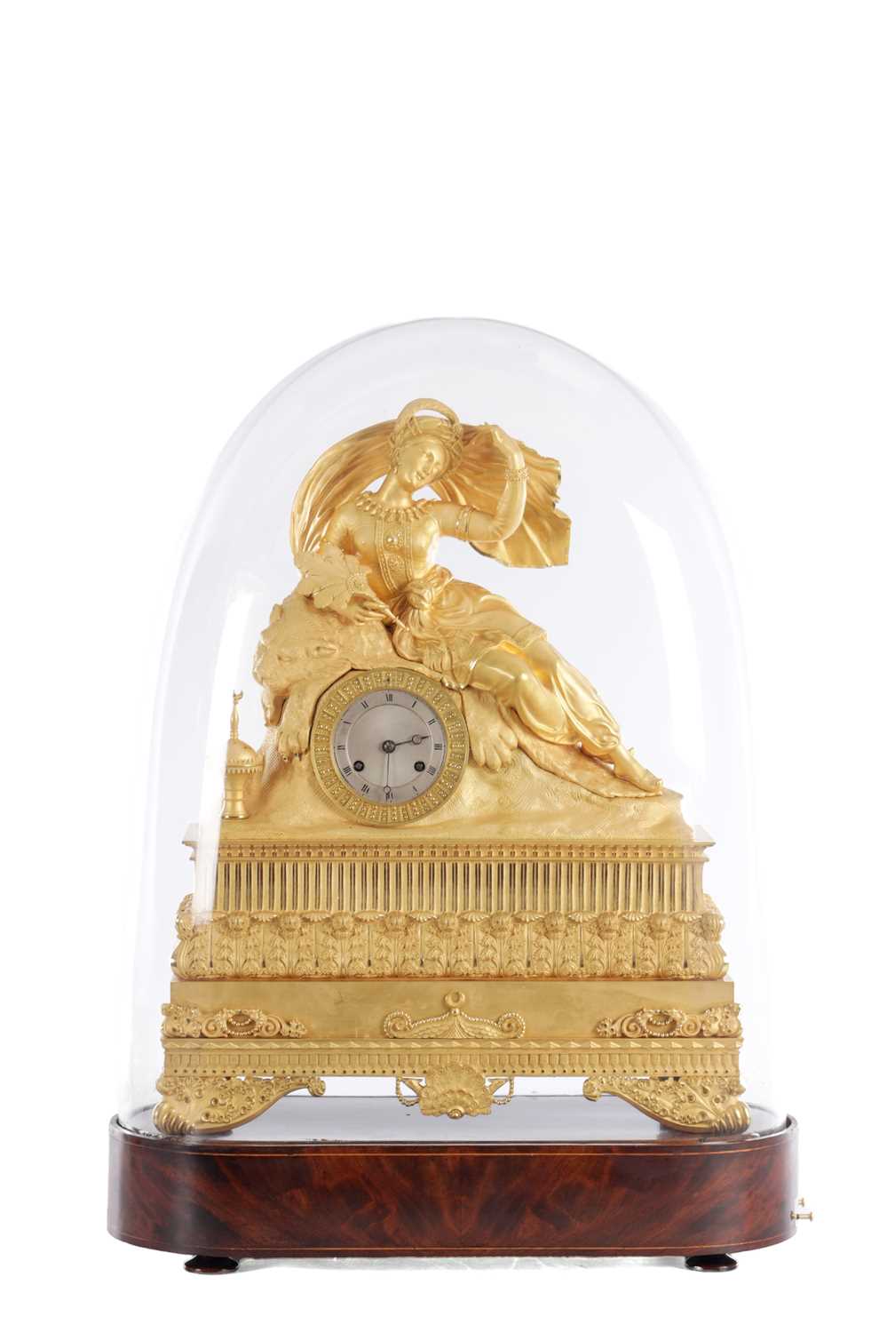Lot 1085 - A LARGE EARLY 19TH CENTURY FRENCH ORMOLU FIGURAL MANTEL CLOCK WITH MUSICAL BASE