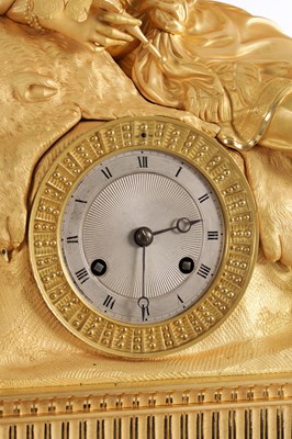 Lot 1085 - A LARGE EARLY 19TH CENTURY FRENCH ORMOLU FIGURAL MANTEL CLOCK WITH MUSICAL BASE