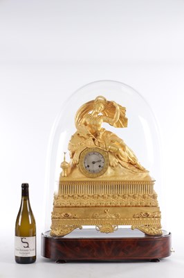 Lot 1085 - A LARGE EARLY 19TH CENTURY FRENCH ORMOLU FIGURAL MANTEL CLOCK WITH MUSICAL BASE