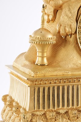 Lot 1085 - A LARGE EARLY 19TH CENTURY FRENCH ORMOLU FIGURAL MANTEL CLOCK WITH MUSICAL BASE