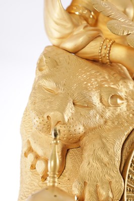 Lot 1085 - A LARGE EARLY 19TH CENTURY FRENCH ORMOLU FIGURAL MANTEL CLOCK WITH MUSICAL BASE