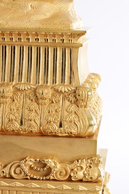 Lot 1085 - A LARGE EARLY 19TH CENTURY FRENCH ORMOLU FIGURAL MANTEL CLOCK WITH MUSICAL BASE