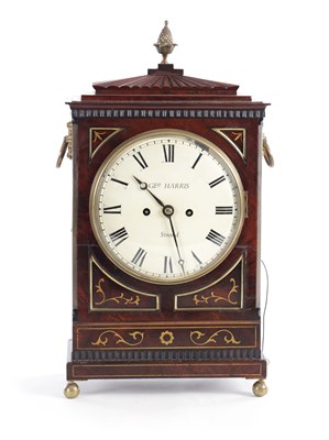 Lot 965 - GEORGE HARRIS, STRAND. A REGENCY BRASS INLAID FIGURED MAHOGANY BRACKET CLOCK