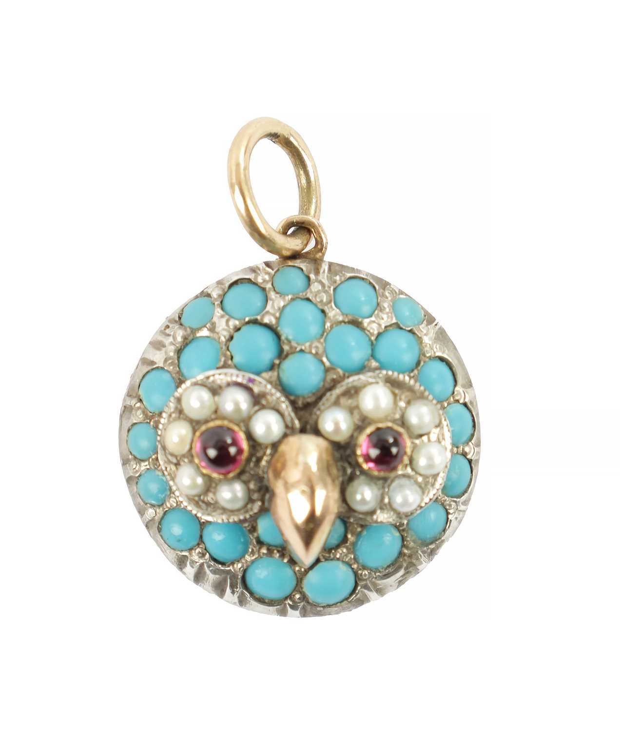 Lot 229 - A LATE 19TH CENTURY STYLE 9CT GOLD, TURQUOISE, PEARL AND RUBY OWL PENDANT