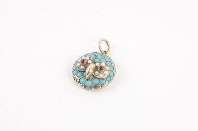 Lot 229 - A LATE 19TH CENTURY STYLE 9CT GOLD, TURQUOISE, PEARL AND RUBY OWL PENDANT