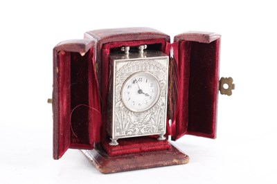 Lot 1095 - A FINE LATE 19TH CENTURY ART NOUVEAU STYLE SWISS SILVER MINIATURE BOUDOIR CARRIAGE CLOCK
