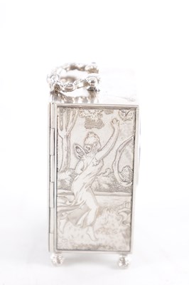 Lot 1095 - A FINE LATE 19TH CENTURY ART NOUVEAU STYLE SWISS SILVER MINIATURE BOUDOIR CARRIAGE CLOCK