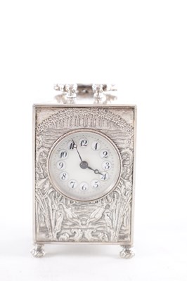 Lot 1095 - A FINE LATE 19TH CENTURY ART NOUVEAU STYLE SWISS SILVER MINIATURE BOUDOIR CARRIAGE CLOCK