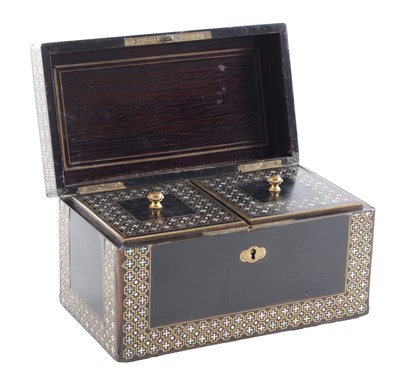 Lot 713 - A 19TH CENTURY FRENCH EBONY, BRASS AND MOTHER OF PEARL INLAID TEA CADDY